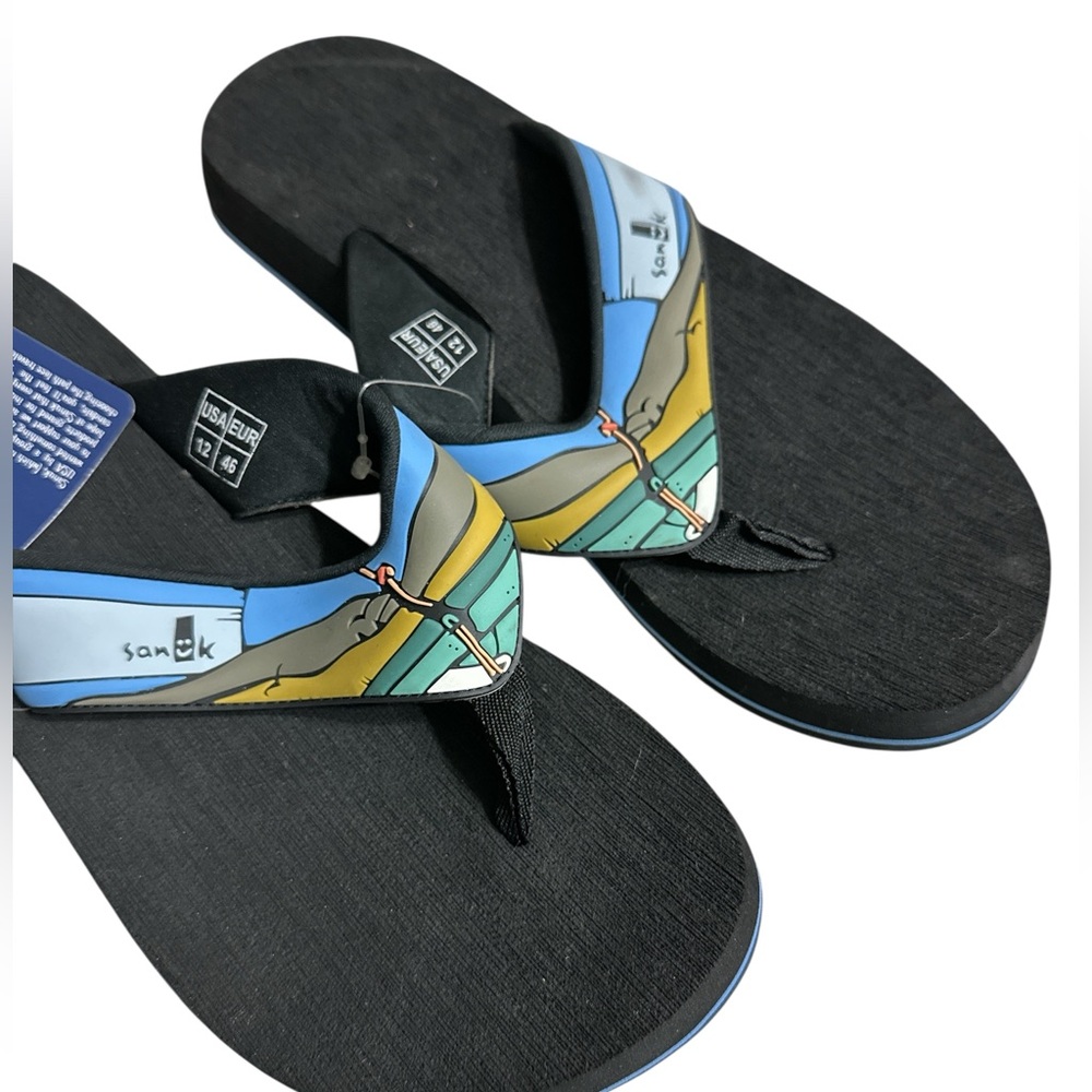 Sanuk Black Flip Flops with Vibrant Straps surfer design - Picture 3 of 5